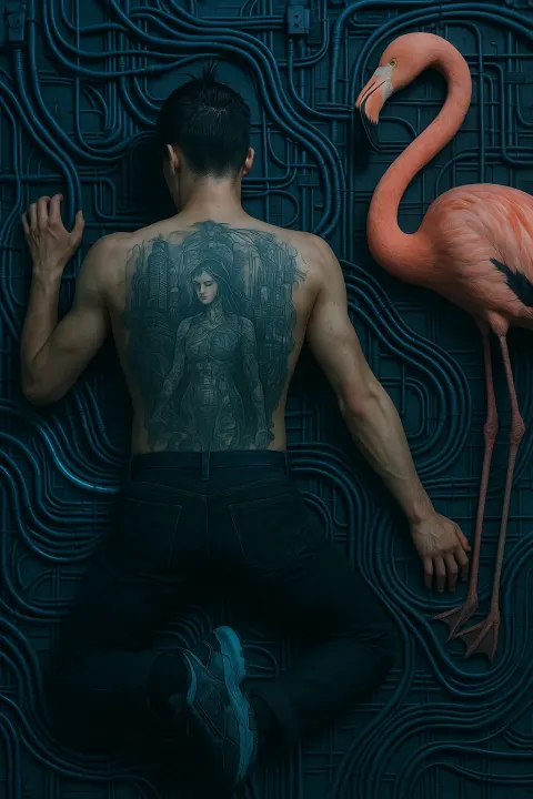 Very Tall Cyberpunk Artist with Visibly Gelled Hair Lies Prone