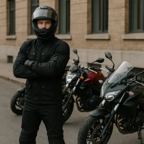 Confident Man Dressed in Black Motorcycle Attire
