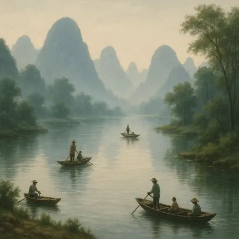 Peaceful River Scene with Small Boats and People