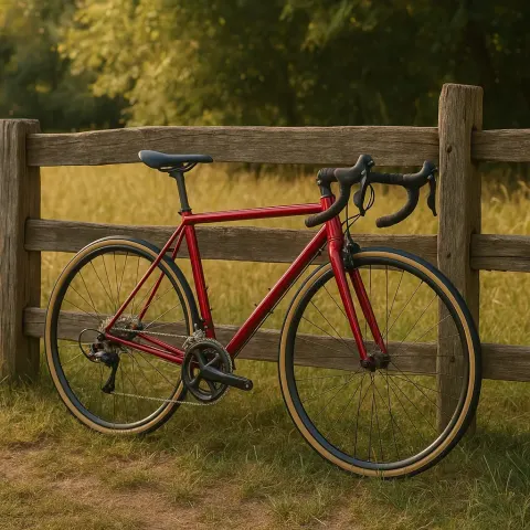 Deep Red Racing Bike Resting Against a Weathered Wooden Fence