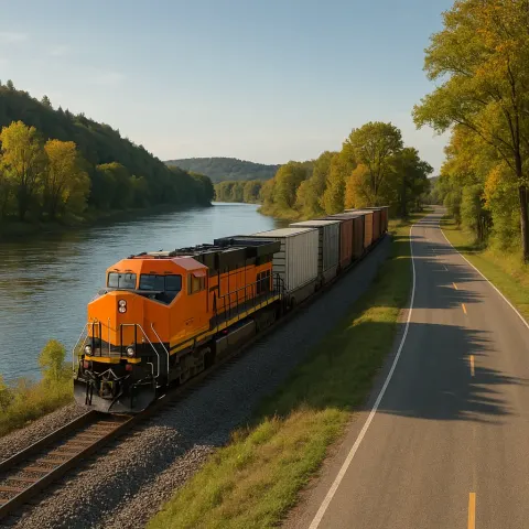 Freight Train Travels Alongside a River with a Rural Road