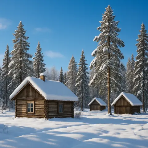 Snowy Rural Landscape Featuring Wooden Cabins Surrounded by Tall Pine