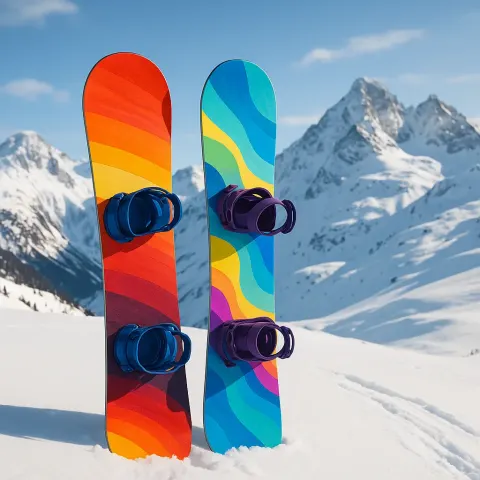 Two Vibrant Snowboards Propped Up Against a Snowy Mountain Landscape