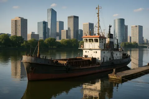 Docked Industrial Boat on a Calm River with Modern City