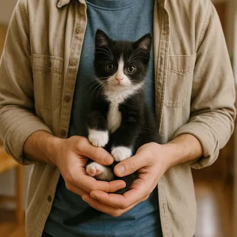 Person Wearing Casual Clothing Holds a Small Black-and-white Kitten