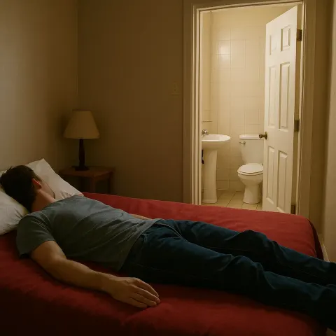 Person Lying on a Red-covered Bed in a Small Room
