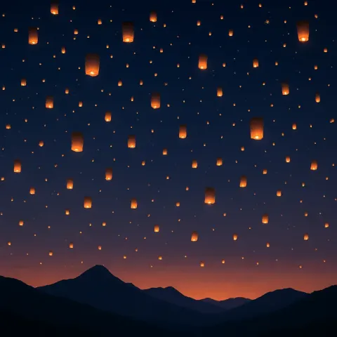 Countless Glowing Lanterns Drift Slowly Upwards into a Twilight Sky