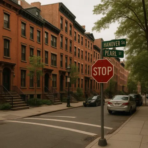 Quiet Urban Street Corner with Historic Brownstone Buildings