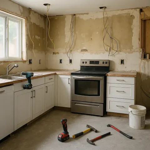 Partially Torn-out Kitchen under Renovation with Exposed Wires