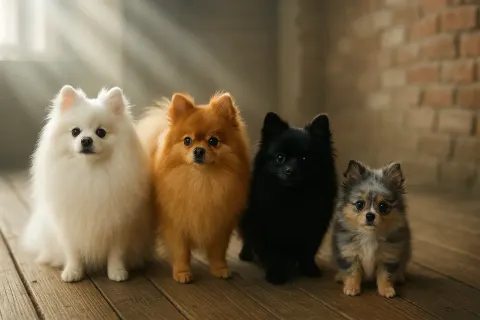Four Distinct Pomeranians—a White One with a Profuse Ruff