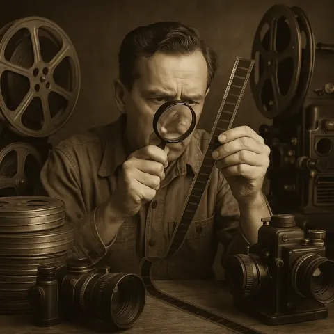 Vintage Film Technician Examines a Strip of Film