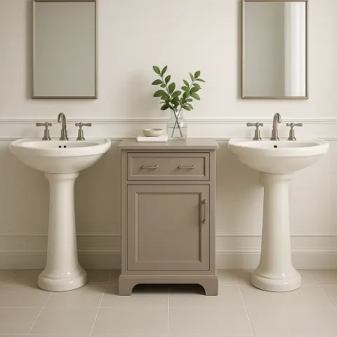Sophisticated Bathroom Highlights a Duo of Elegant Ivory Pedestal Sinks