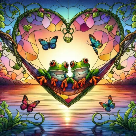 Two Frogs in Heart-Shaped Hammock