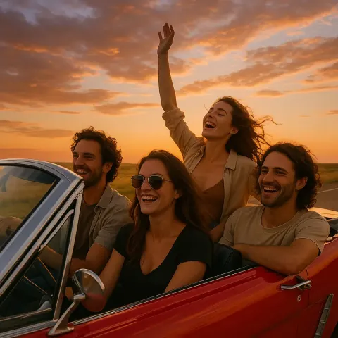 Red Convertible Carrying Four Passengers Drives Along