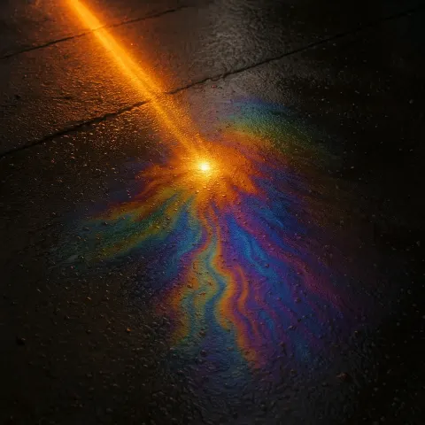 Sunlight Bouncing Off an Oil-coated Layer on a Wet Pavement