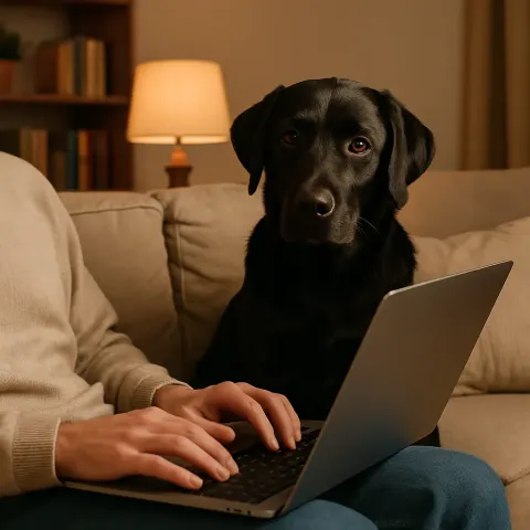 Black Dog Sits on a Couch Next to a Laptop