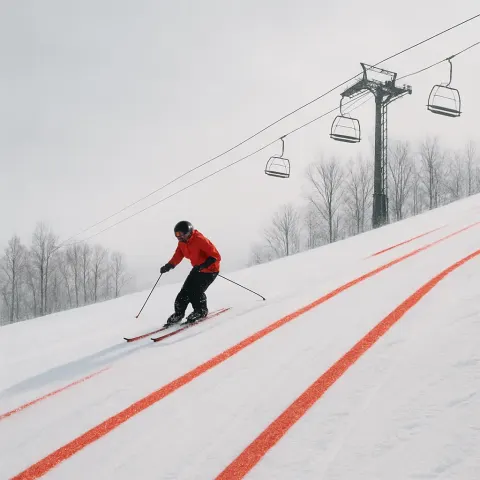 Skier Descends a Snowy Hill Marked with Red Lines