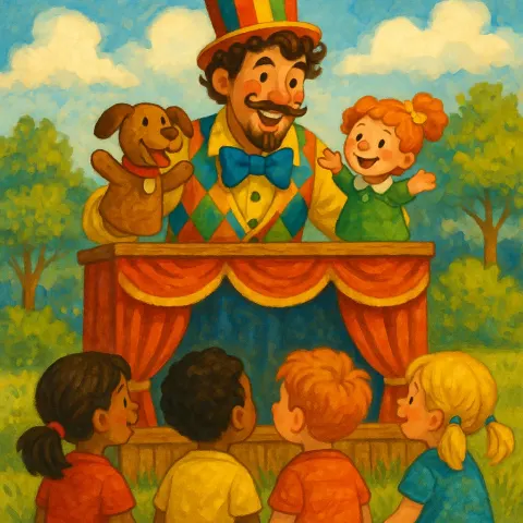 Energetic Puppeteer Is Performing an Outdoor Puppet Show