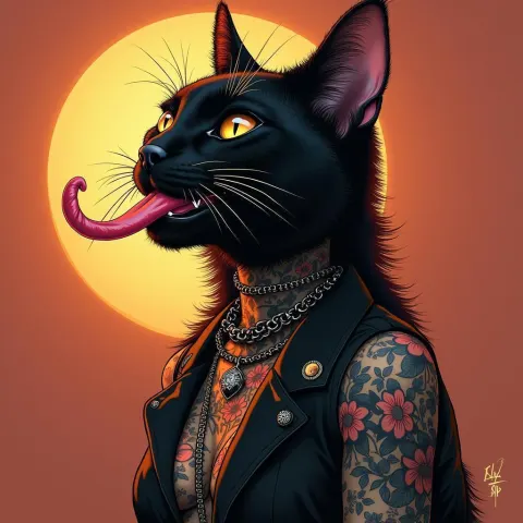 Tattooed Black Cat in High Fashion Pose