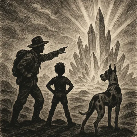 Explorer Gestures Towards Distant Crystalline Formations to an Infamous Child
