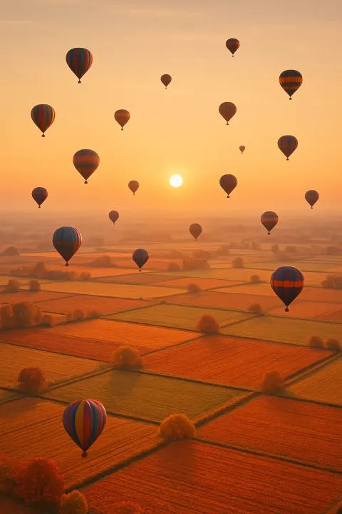 Many Distant Hot Air Balloons Drift Silently over a Sprawling