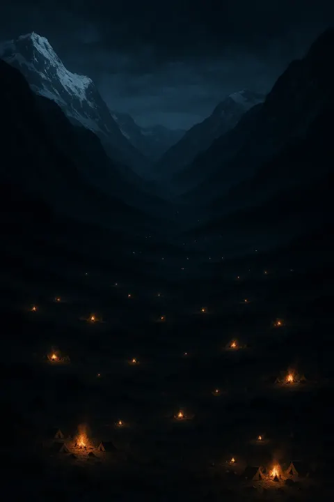 Numerous Distant Campfires Flicker Like Scattered Stars Across a Vast