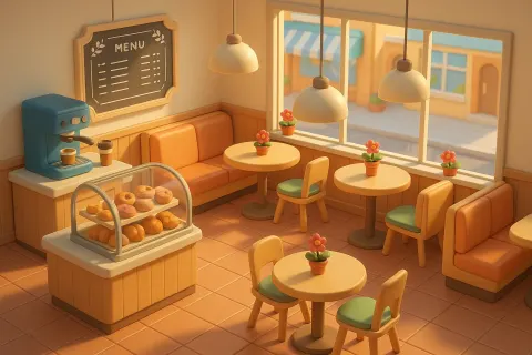 Tranquil Café Interior in a Vibrant 3D Style with Detailed