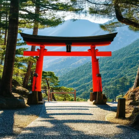 Japanese Torii in Vibrant Morning Mountains