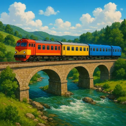 Colorful Passenger Train Traveling Across a Picturesque Bridge Spanning