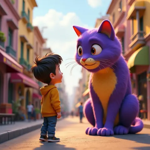Boy Awed by a Colossal Purple Cat