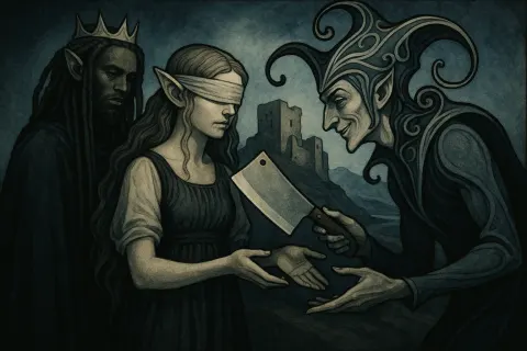 Blindfolded Elfin Woman Receives a Cleaver