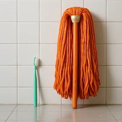 Mint Green Toothbrush Stands Upright Against a Towering Orange Mop