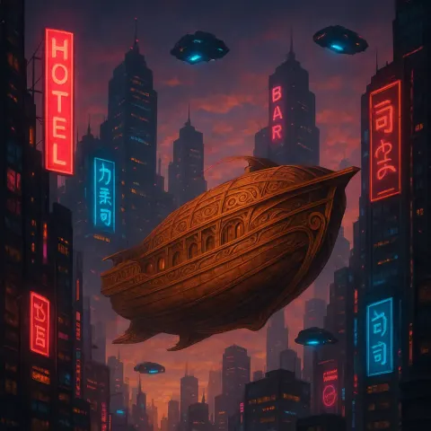 Digital Painting Depicting a Futuristic Cityscape at Dusk