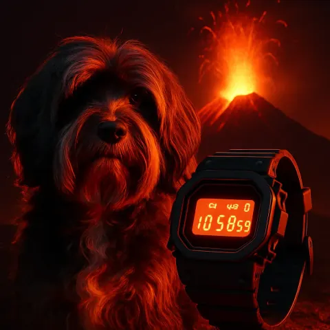 Tibetan Terrier and Digital Watch in an Illogical