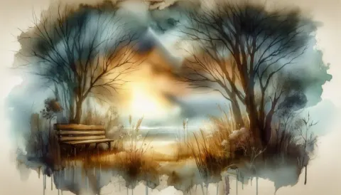 Dreamy Watercolor Bench Landscape at Stormy Golden Sunset