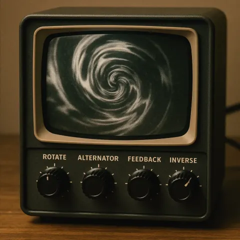 Retro-style Photo Feedback Machine with Knobs Labeled "Rotate," "Alternator," "Feedback,"