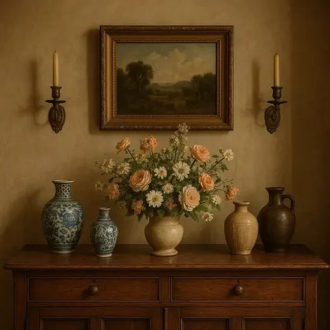 Vintage Interior Featuring a Wooden Cabinet Adorned with Decorative Vases