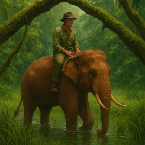 Dignified Brown Elephant Carries a Middle-aged Man Who Calmly Moves