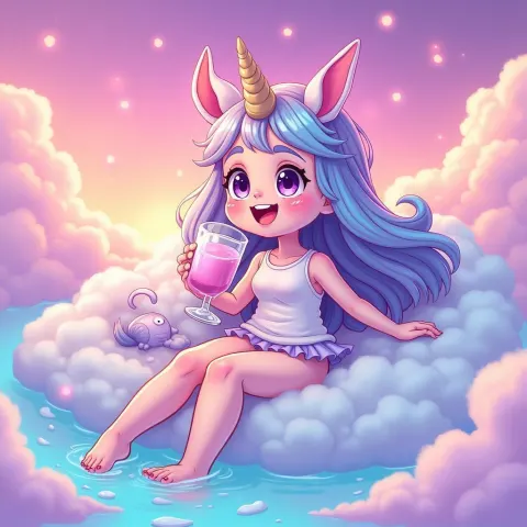 Dreamy Toon Girl Sipping Unicorn Milk
