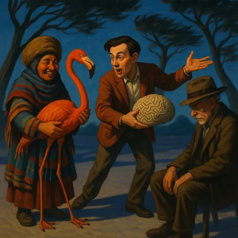 Joyful Nomad in Layered Textiles Tends an Orange-red Flamingo