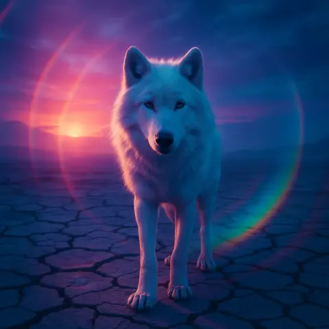 Lone White Wolf on Cracked Earth