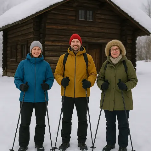Three People Wearing Winter Clothing and Holding Ski Poles Stand