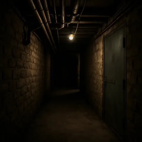 Dimly Lit Stone Basement Hallway with Exposed Pipes