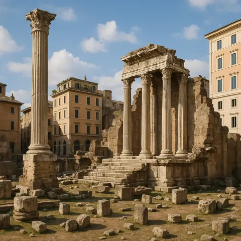 Ancient Roman Ruins with a Prominent Column and Crumbled Temple