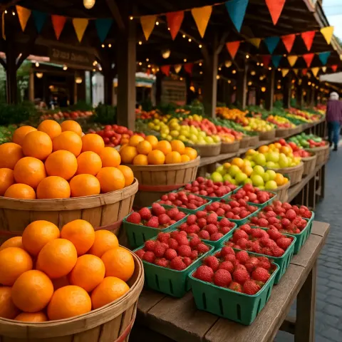 Bustling Farmers' Market Features Vibrant Displays of Fresh Produce Arranged