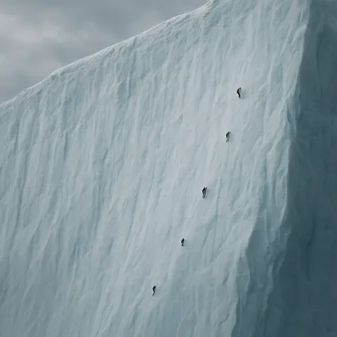 Few Distant Climbers Appear as Tiny Specks Ascending a Sheer