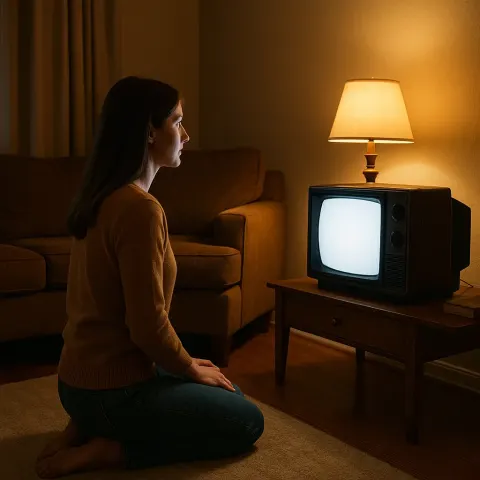 Woman Kneels on the Floor in a Warmly Lit