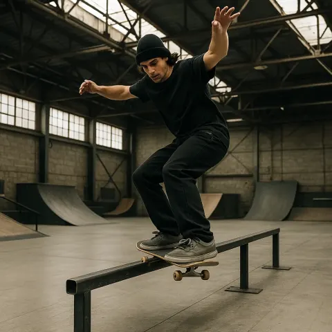 Skateboarder Performing a Grind Trick on a Metal Rail Inside