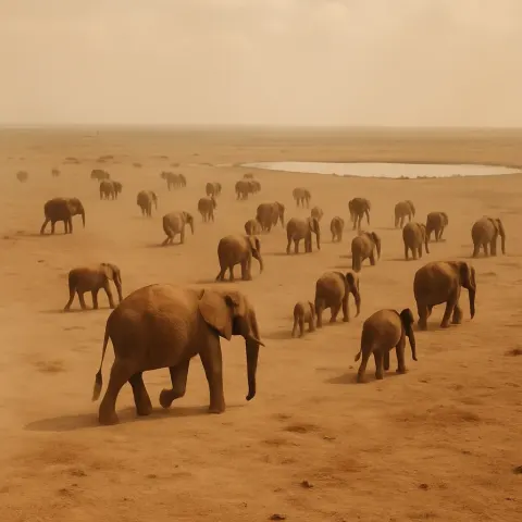 Scattered Herd of Many Elephants Lumbers Across a Vast