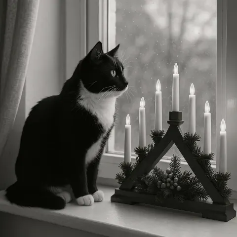 Black-and-white Cat Sits on a Windowsill